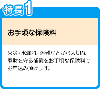 特長1：お手頃な保険料／火災・水漏れ・盗難などから大切な家財を守る補償をお手頃な保険料でお申込み頂けます。