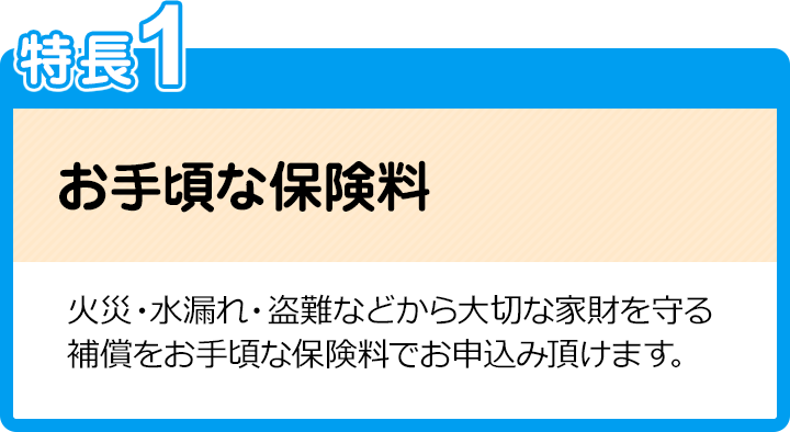 特長1：お手頃な保険料／火災・水漏れ・盗難などから大切な家財を守る補償をお手頃な保険料でお申込み頂けます。