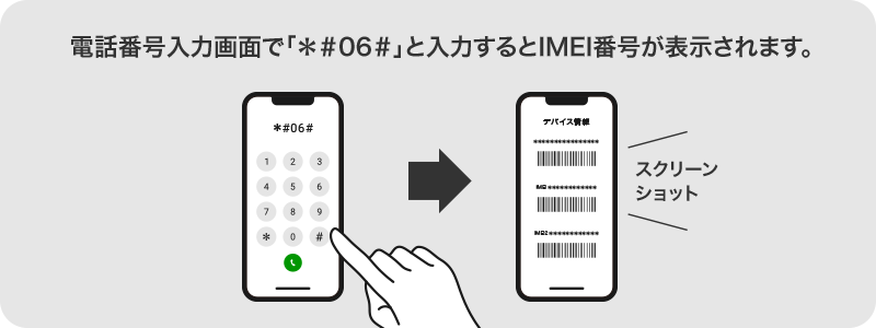 電話番号入力画面で「＊＃06＃」と入力するとIMEI番号が表示されます。【スクリーンショット】