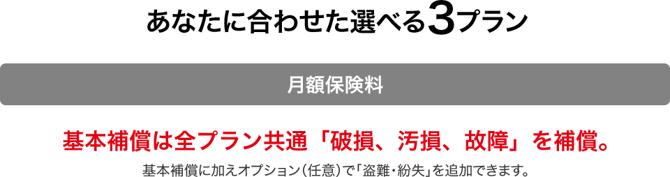 あなたに合わせた選べる3プラン 月額保険料 基本補償は全プラン共通「破損、汚損、故障」を補償。基本補償に加えオプション（任意）で「盗難・紛失」を追加できます。