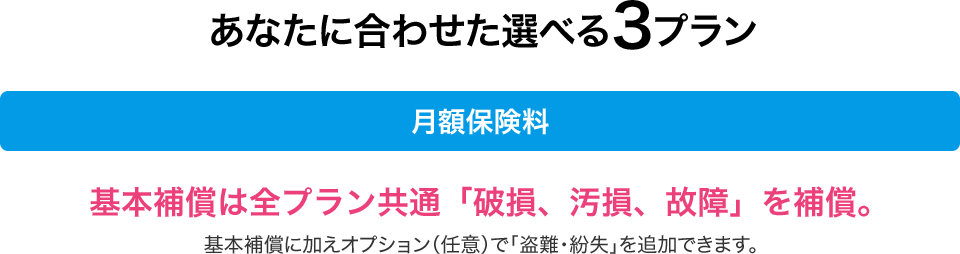 あなたに合わせた選べる3プラン 月額保険料 基本補償は全プラン共通「破損、汚損、故障」を補償。基本補償に加えオプション（任意）で「盗難・紛失」を追加できます。